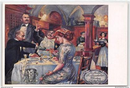 39106306 - Kuenstlerkarte Nuernberg. Staedtischer Rathauskeller mit Personen und Weinkuehler. Kuenstler Martin Fischer