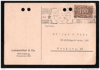 POSTKARTE MIT WELTKONGRESS STEMPEL ESPERANTO 1923 NÜRNBERG  NACH HAMBURG