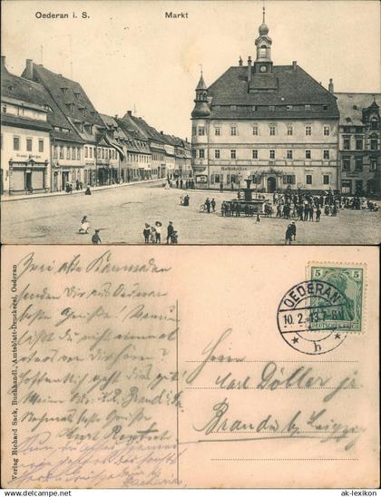 Ansichtskarte Oederan Marktplatz Markt Personen am Ratskeller 1913
