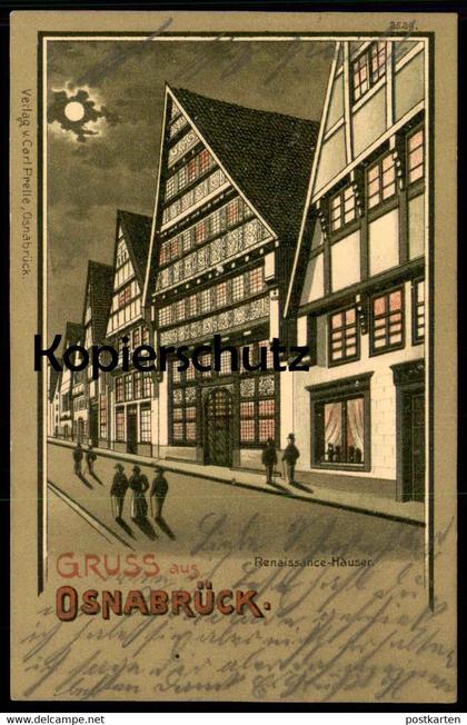 ALTE MONDSCHEIN LITHO POSTKARTE GRUSS AUS OSNABRÜCK RENAISSANCE-HÄUSER BIERSTRASSE moonlight Ansichtskarte cpa postcard