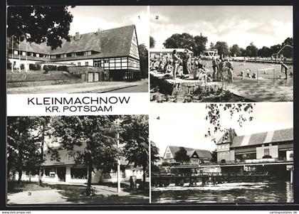 AK Kleinmachnow /Kr. Potsdam, Terrassenrestaurant, Freibad Kiebitzberge, Betriebsberufsschule für Wasserbau