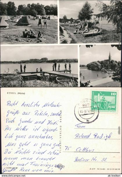 Ansichtskarte Röbel/Müritz Zeltplatz - Bungalow's, Bootssteg, Kirche 1973
