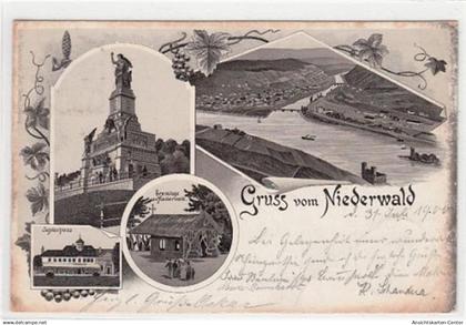 39093484 - Niederwald, Lithographie mit National-Denkmal, Totale, Eremitage auf dem Niederwald und Jagdschloss gelaufen