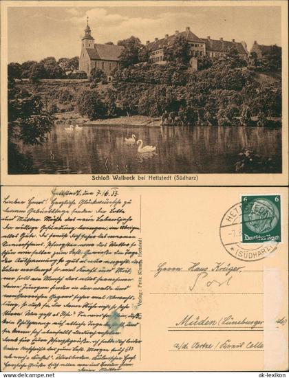 Ansichtskarte Hettstedt (Südharz) Schloss Walbeck Schwäne 1937