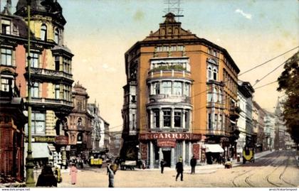 CPA Halle an der Saale, Bunt kolorierte Ansicht des Garren, Ecke Leipziger und Poststraße, Persone