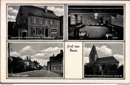 CPA Nessa Teuchern im Burgenlandkreis, Gasthof, Fleischerei, Dorfstraße, Saal, Kirche, Kriegerdenk