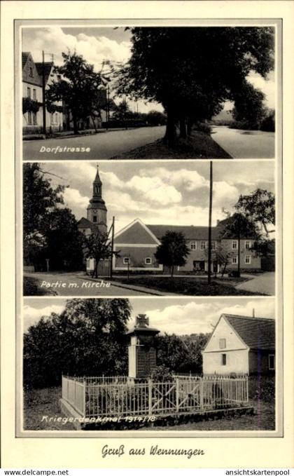 CPA Wennungen Karsdorf an der Unstrut, Dorfstraße, Partie m. Kirche, Kriegerdenkmal, Gruß aus Wenn