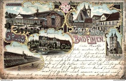 Lithographie Groß Salze Bad Elmen Salzelmen Schönebeck an der Elbe, Schwanenteich, Lindenbad, Gradierwerk