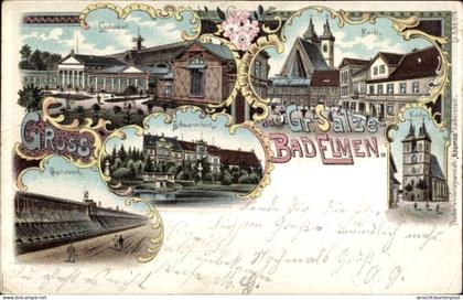 Lithographie Groß Salze Bad Elmen Salzelmen Schönebeck an der Elbe, Schwanenteich, Lindenbad, Gradierwerk