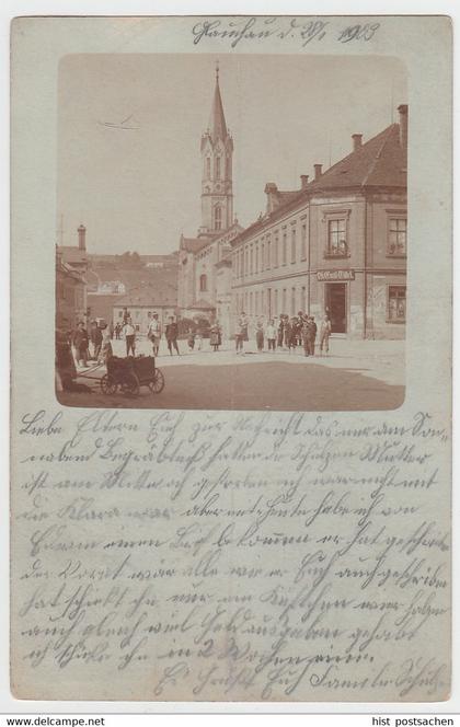(105075) Foto AK Personen vor Geschäft Emil Tittel, geschr. 1903 aus Glauchau