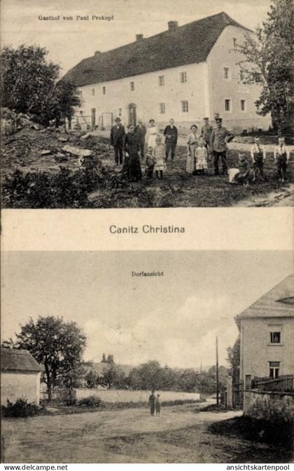 CPA Canitz Christina Kubschütz, Gasthof von Paul Prokopf, Dorfansicht