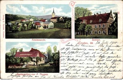 CPA Crostau Schirgiswalde Kirschau in Sachsen, Panoramaansicht, Restauration von P. Thomas, Schloss