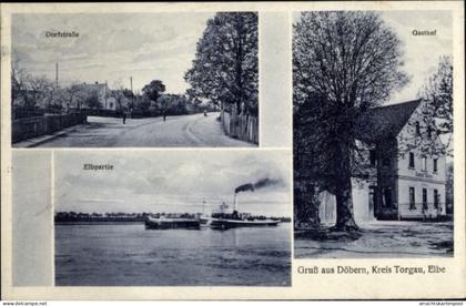CPA Döbern Elsnig in Sachsen, Dorfstraße, Gasthof, Schiffe auf der Elbe