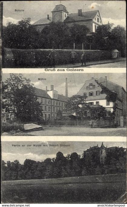 CPA Golzern Nerchau Grimma in Sachsen, Schule, Mühle, Schloss Döbern, Muldepartie