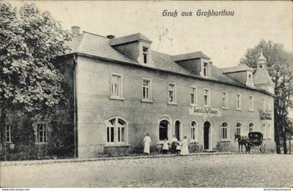 CPA Großharthau in Sachsen, Herrschaftlicher Gasthof zum Kyffhäuser, Fleischerei, Kraftbetrieb