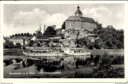 CPA Hirschstein an der Elbe Sachsen, Blick zum SVK Erholungsheim, Elbdampfer