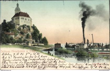 CPA Hirschstein in Sachsen, Schloss Hirschstein a. Elbe, Dampfschiff