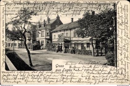 CPA Lugau im Erzgebirge, mit Häusern, Bäumen, Grußtext, Verlag Aug. Schelle, Lagau