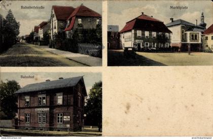 CPA Neschwitz in der Oberlausitz Sachsen, Bahnhofstraße, Marktplatz, Bahnhof Gleisseite