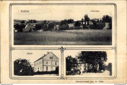 CPA Rachlau Kubschütz in der Oberlausitz, Panorama, Schule, Schankwirtschaft Tr. Nöcke