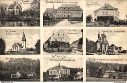 CPA Schmeckwitz Oberlausitz, Kapelle, Malteser-Krankenhaus, Schule Räckelwitz, Ev. Kirche Schmeckw