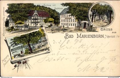 Lithographie Bad Marienborn Schmeckwitz Räckelwitz Oberlausitz, Kurhaus, Badehaus, Steinteich