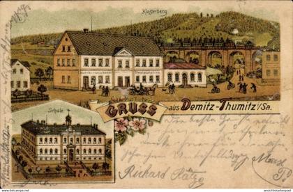 Lithographie Demitz Thumitz in Sachsen, Klosterberg, Schule