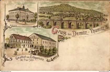 Lithographie Demitz Thumitz in Sachsen, Schule, Brücke, Gasthof zum Erbgericht