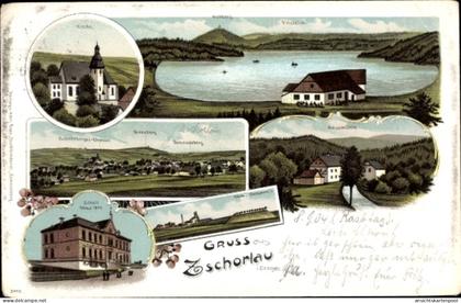 Lithographie Zschorlau im Erzgebirge, Kirche, Schule, Bergwerk, Gleesberg, Gemeindeberg, Kuhberg, Filzteich