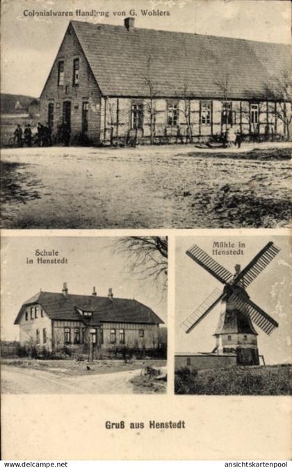CPA Henstedt Ulzburg in Schleswig Holstein, Kolonialwarenhandlung, Schule, Windmühle