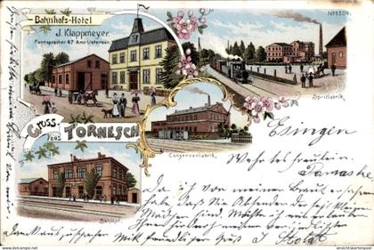 Lithographie Tornesch in Schleswig Holstein, Bahnhofshotel, Spritfabrik, Konservenfabrik