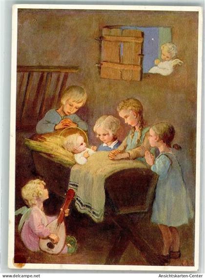 39891459 - Engel spielt Laute an der Krippe des Christkindes Weihnachten Verlag Josef Mueller Nr. 5839
