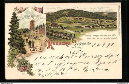 Lithographie Neuheide bei Schönheide /Erzgeb., Gesamtansicht mit Eisenbahn, Gasthaus und Turm auf dem Kuhberg