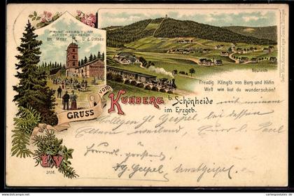 Lithographie Schönheide, Prinz Georg Turm auf dem Kuhberg, Totalansicht
