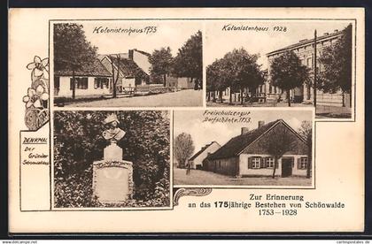 AK Schönwalde / Mark, Gasthaus Dorfschänke, Gründer-Denkmal und Kolonistenhäuser