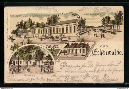 Lithographie Schönwalde, Restaurant Louis Liebenhagen, Dorfstrasse, Garten und Kirche