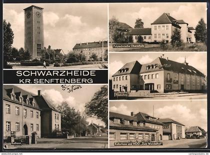 AK Schwarzheide /Kr. Senftenberg, Kulturhaus und HOG Zum Wandelhof, Polytechnische Oberschule, Filmbühne, Wasserturm