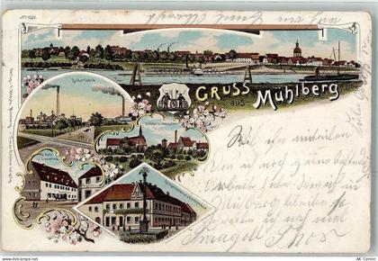 04895 O7906 Mühlberg , Elbe 1899 Lithographie Raddampfer Zuckerfabrik Kl... - 13621468