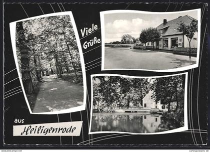 AK Heiligenrode / Stuhr, Geschäftshaus, Weg im Park und Uferpartie mit Brücke