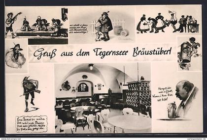 AK Tegernsee, Bräustüberl, Innenansicht, humoristische Szenen