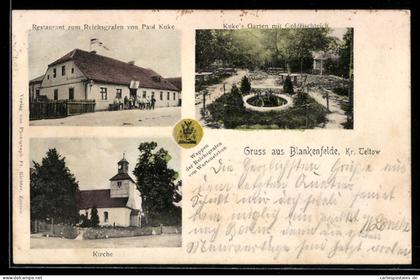 AK Blankenfelde /Teltow, Restaurant zum Reichsgrafen von Paul Kuke, Garten mit Goldfischteich, Kirche