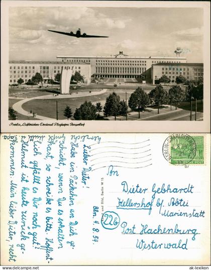 Ansichtskarte Tempelhof-Berlin Luftbrücken Denkmal Flughafen Flugzeug 1954