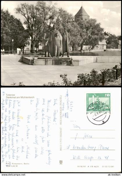 Ansichtskarte Teterow Denkmal am Mühlenteich zur DDR-Zeit 1977