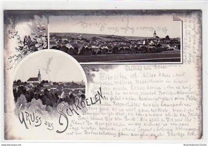 39017239 - Lithographie Gruss aus Schkoelen mit Gesamtansicht und Teilansicht gelaufen von 1896 kleiner Knick unten lin