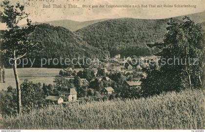 Bad Thal Ruhla Blick von der Tropfsteinhoehle nach Bad Thal mit Ruine Scharfenbu