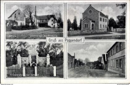 CPA Poppendorf Schkölen in Thüringen, mit Schule, Gasthof, Kirche, Dorfstraße, schwarz-weiß