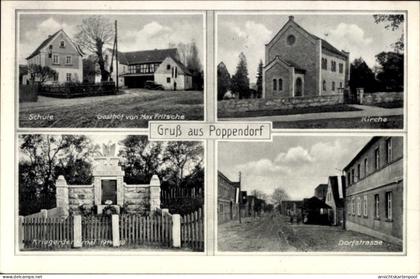 CPA Poppendorf Schkölen in Thüringen, Schule, Gasthof von Max Fritsche, Kirche, Dorfstraße