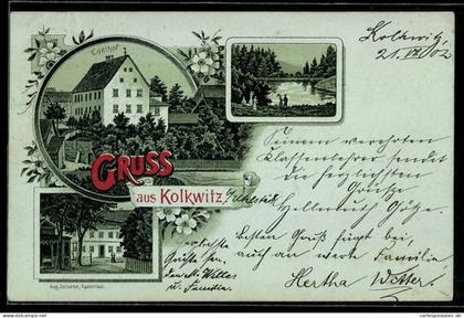 Lithographie Kolkwitz, Edelhof, Pärchen am Ufer, Gebäudeansicht