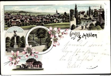 Lithographie Schkölen in Thüringen, Kriegerdenkmal, Bahnhof, Konzertplatz, Burg, Hellgraben, Gesamtansicht