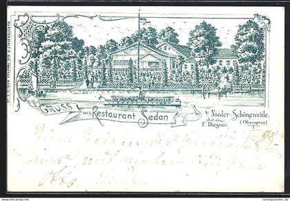 Lithographie Berlin-Nieder-Schöneweide /Oberspree, Das Restaurant Sedan v. F. Diegner